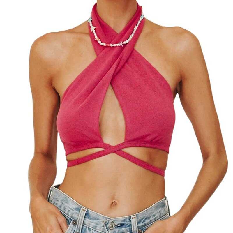 maoxiangshop Women Y2k Corset Camisole Cropped Bustier Top Fashion Solid Vest Summer Sexy Halter Lace-up Streetwear Slim Fit Basic Tees
