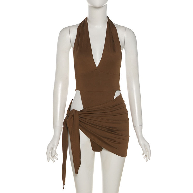 maoxiangshop Y2K Summer New Halter Strap V-Neck Casual Backless Sexy Women's Clothes Basic Bodysuits 2 Piece Beach Mini Dress