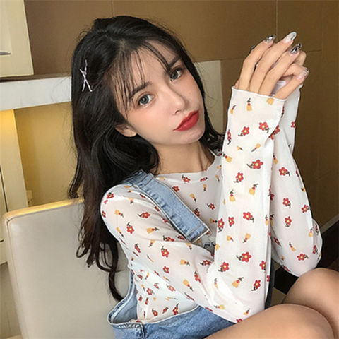 maoxiangshop Angel Print Sheer Blue Black Mesh Long Sleeve Blouse Shirts Women Spring Summer Pullovers Elegant Sexy See Through Tops