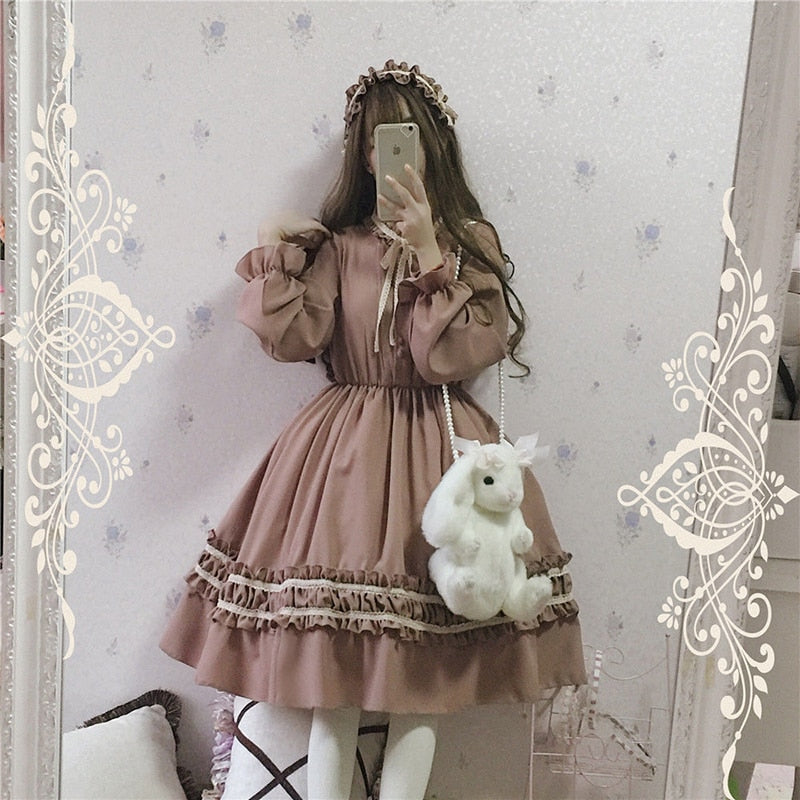 maoxiangshop In Wondeland Cute Women's Lolita OP Dress Flouncing Lace Trim Japanese Harajuku Long Sleeves Doll Dress Fairy Vestidos