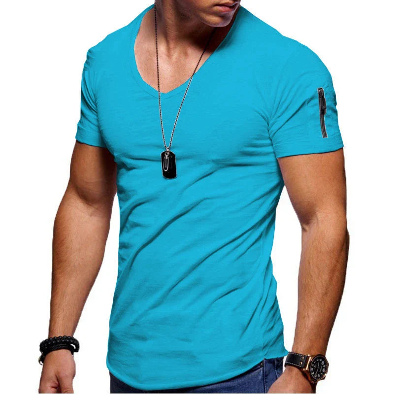 maoxiangshop New Summer Men's V Neck T Shirt Fitness Bodybuilding Tshirt High Street Short Sleeved Zipper Casual Cotton Top Plus Size S-5XL