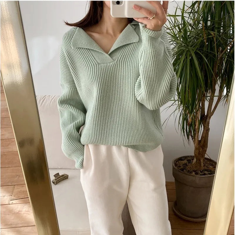 new female sweater autumn half-open V-lapel pullover Korean version of long-sleeved wearing loose sweater