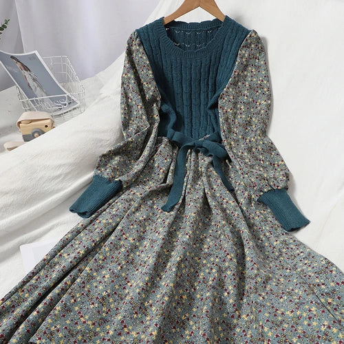 maoxiangshop Corduroy Floral Women Dresses Vintage Knitted Patchwork Vestidos De Mujer Sweet Korean Long Dress A-line