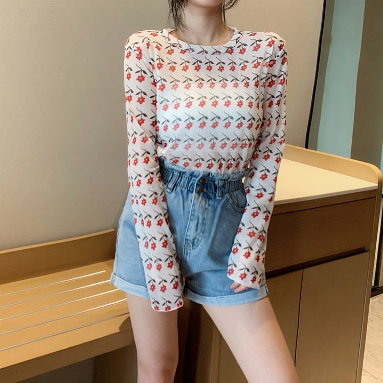 maoxiangshop Angel Print Sheer Blue Black Mesh Long Sleeve Blouse Shirts Women Spring Summer Pullovers Elegant Sexy See Through Tops
