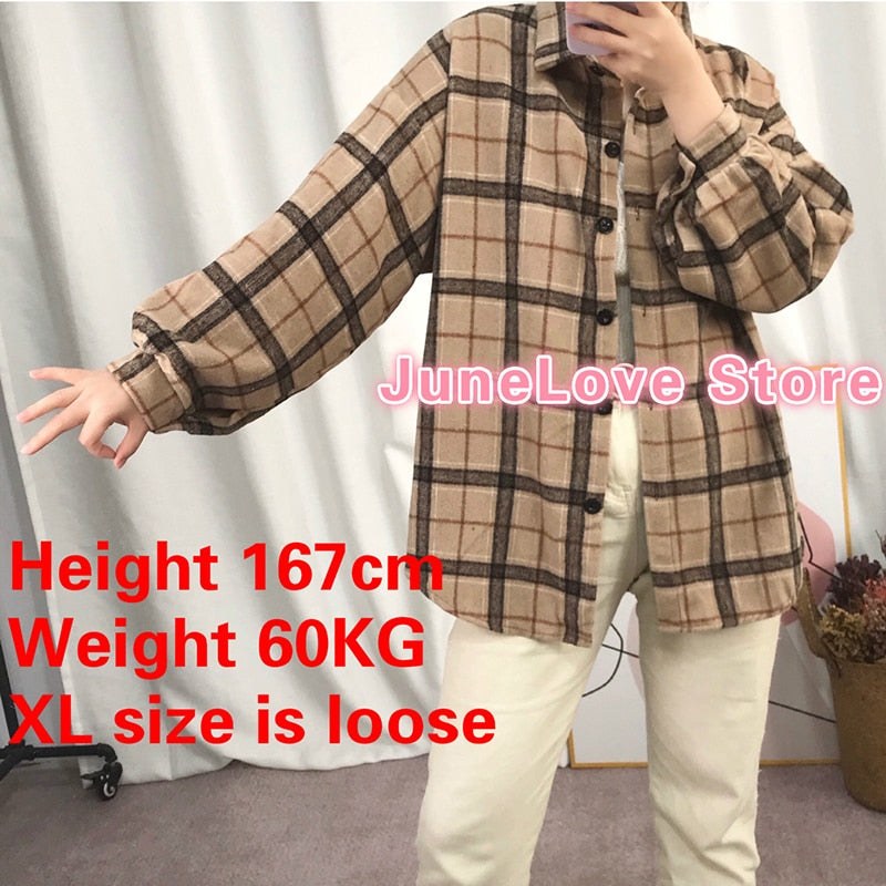 maoxiangshop Female Autumn Street Blouse Shirts Vintage Oversized Plaid Flannel Boyfriend Tunic Shirt for Women Casual Korean Tops