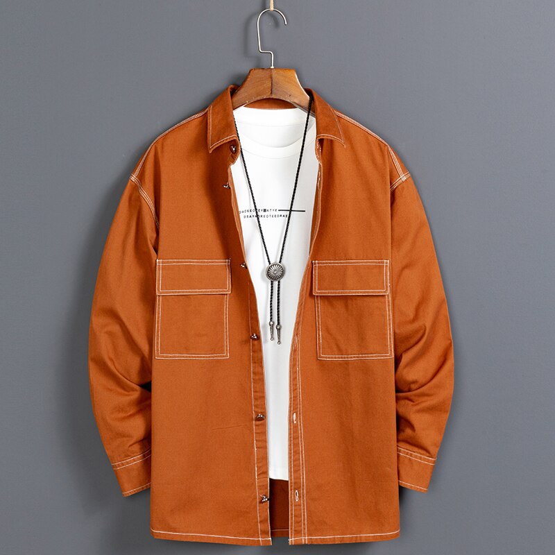 New Fashon Denim Mens Shirt Pure Cotton Long-sleeved Shirt Loose Two Pockets Youth Campus Outdoor Large Size Male Korean Clothes