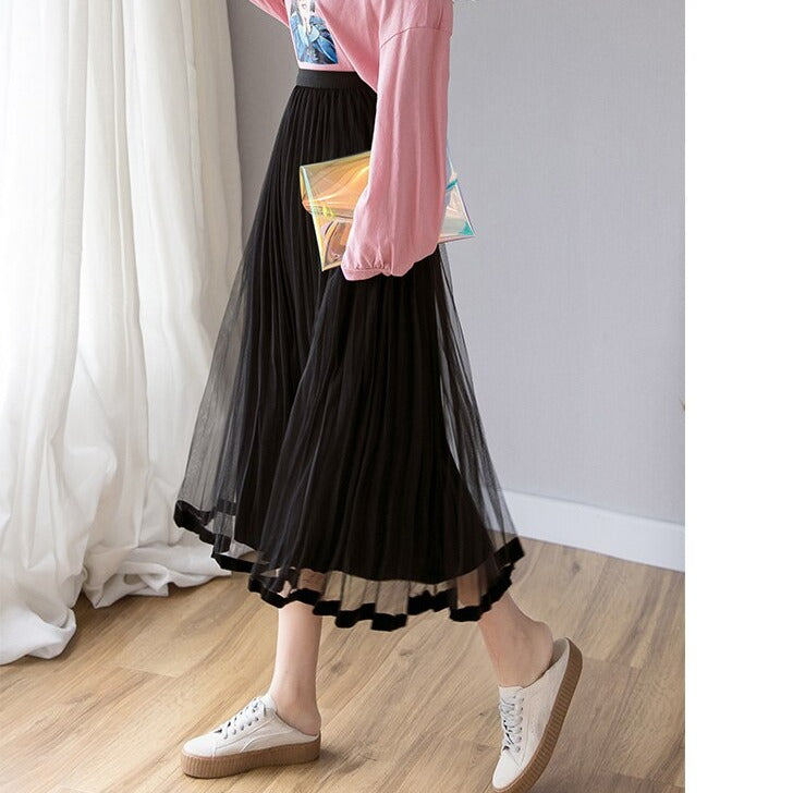 maoxiangshop Mesh Skirt Autumn Winter Velvet Solid Color Elastic Waist Slim Pleated Skirts Womens Chic High Waist Women Skir