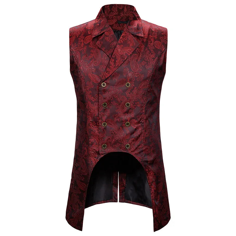 maoxiangshop Wine Red Paisley Jacquard Long Vest Men Double Breasted Lapel Brocade Vest Waistcoat Mens Gothic Steampunk Sleeveless Tailcoat