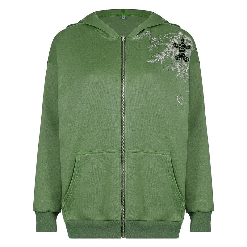 maoxiangshop Women's Jacket New Style Plus Velvet Green Hooded David Jacket Lazy Loose Casual Printed Jacket Fashion Long-sleeved Top Hoodie