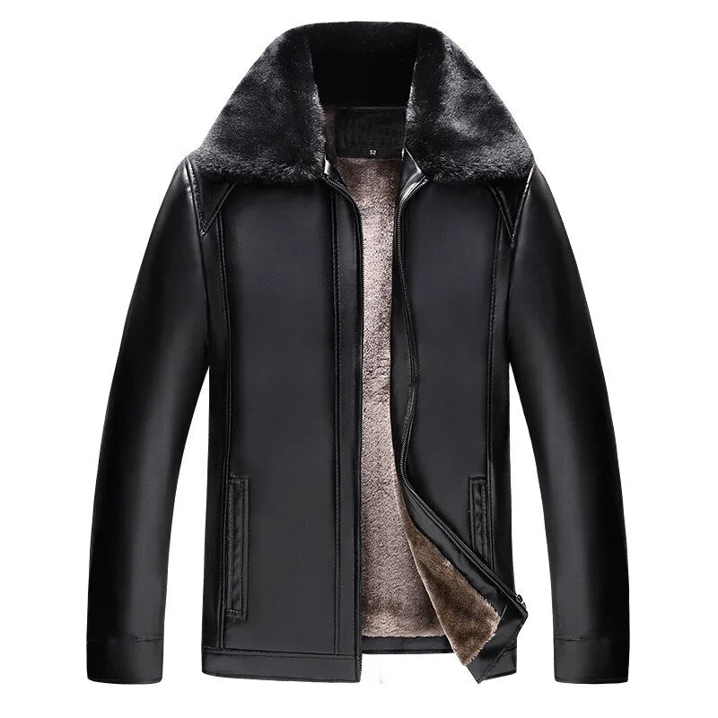 maoxiangshop Winter Men's Leather Plus Velvet Thick Fur One Lapel Leather Jacket Warm Casual Slim Smart Mens Leather Jacket Male Winter Coats