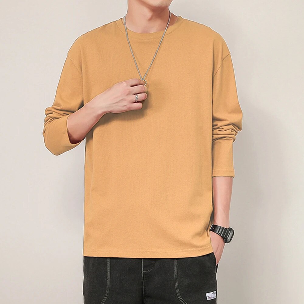 maoxiangshop 100% Cotton T Shirt Men Solid Color Long Sleeves O Neck Mens Tshirt Casual Streetwear Man Pullover Tops Tees Plus Size 5Xl