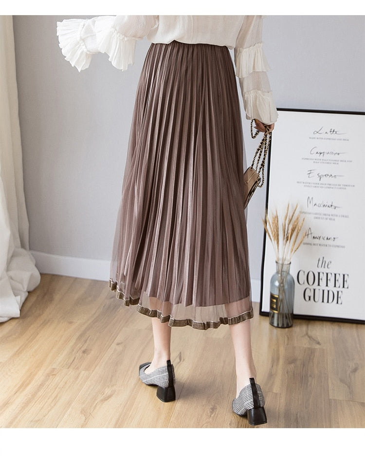 maoxiangshop Mesh Skirt Autumn Winter Velvet Solid Color Elastic Waist Slim Pleated Skirts Womens Chic High Waist Women Skir