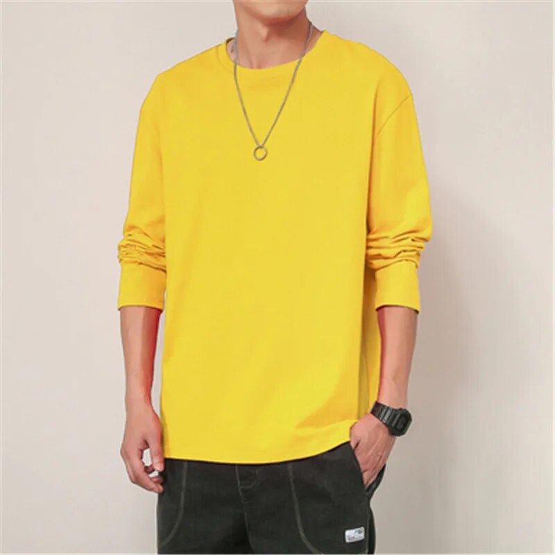 maoxiangshop 100% Cotton T Shirt Men Solid Color Long Sleeves O Neck Mens Tshirt Casual Streetwear Man Pullover Tops Tees Plus Size 5Xl