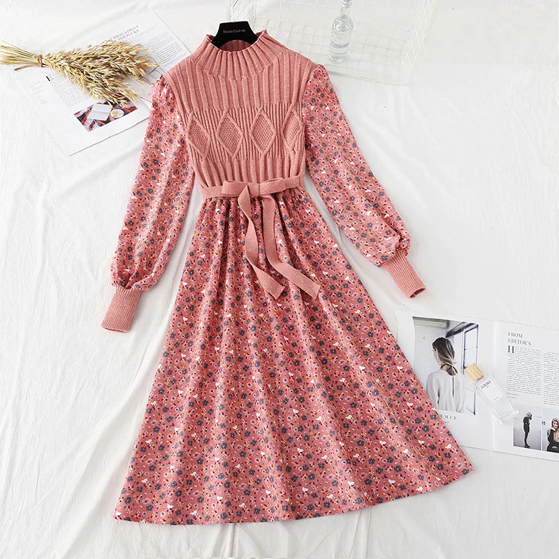 maoxiangshop Autumn Sweater Dresses for Women Winter Splicing Pullover Bow Belt Slim Knitting Sweet Corduroy Floral Print Midi Dress Vestidos