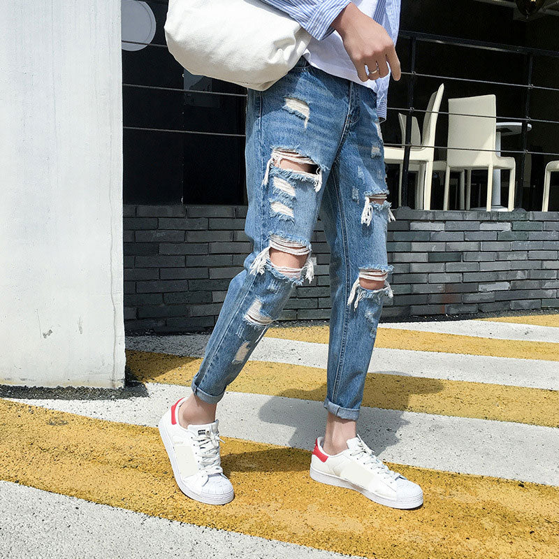 maoxiangshop New Skinny Jeans Men Streetwear Destroyed Ripped Jeans Homme Hip Hop Broken Modis Male Pencil Biker Embroidery Patch Pants