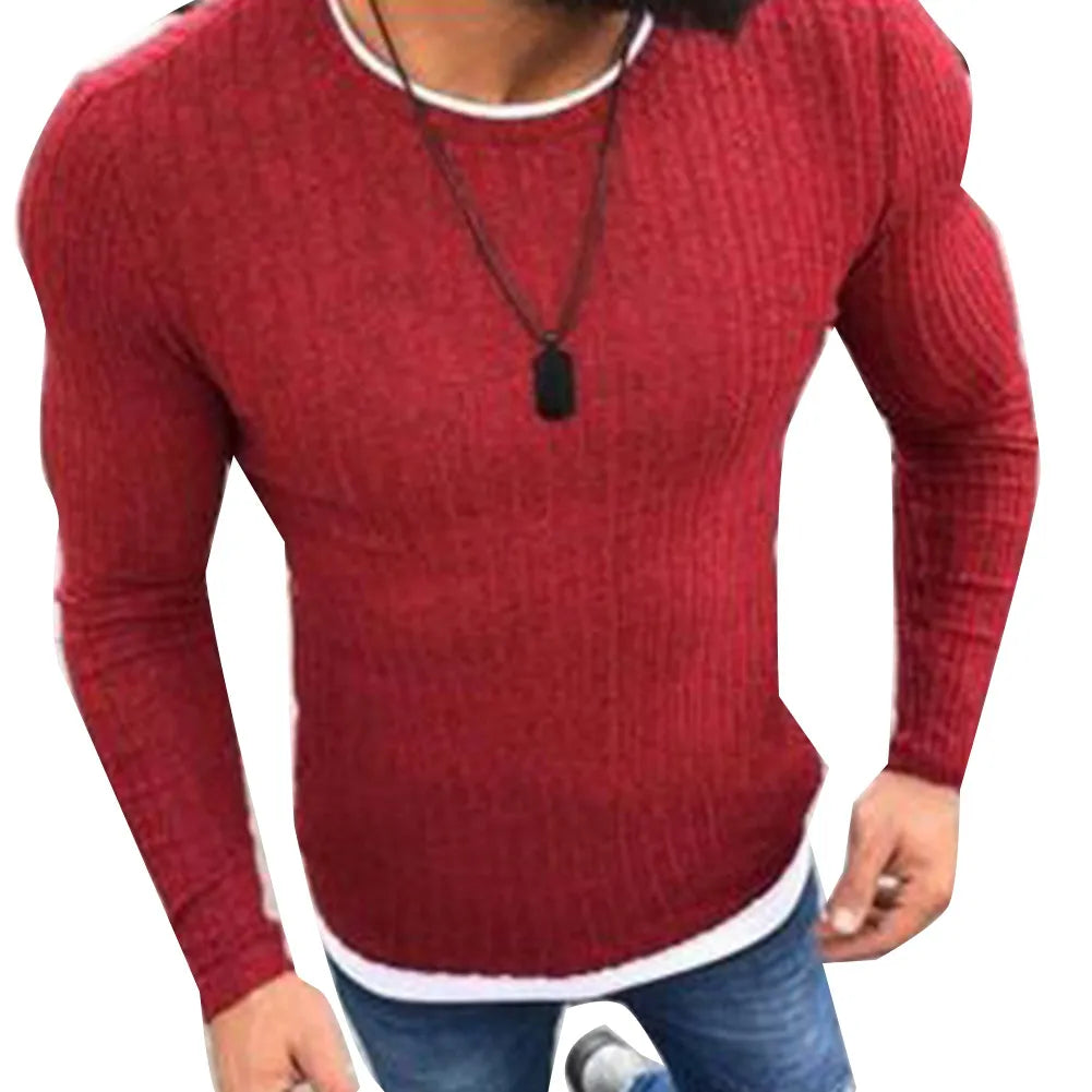 maoxiangshop Fashion Men Sweater Top Color Block Patchwork O Neck Long Sleeve Pullover Knitted Sweater For Men's Clothings Winter