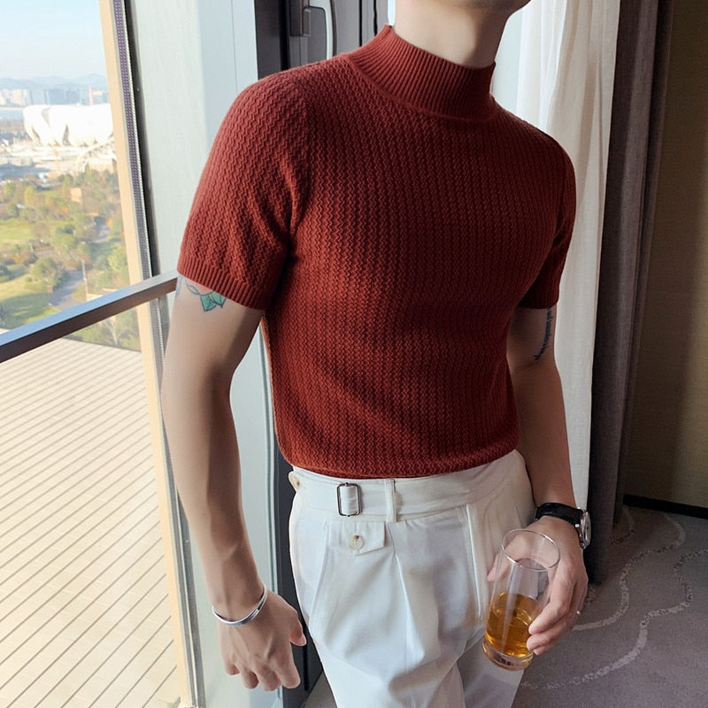 Autumn New Short Sleeve Knitted Sweater Men Tops Clothing 2023 All Match Slim Fit Stretch Turtleneck Casual Pull Homme Pullovers
