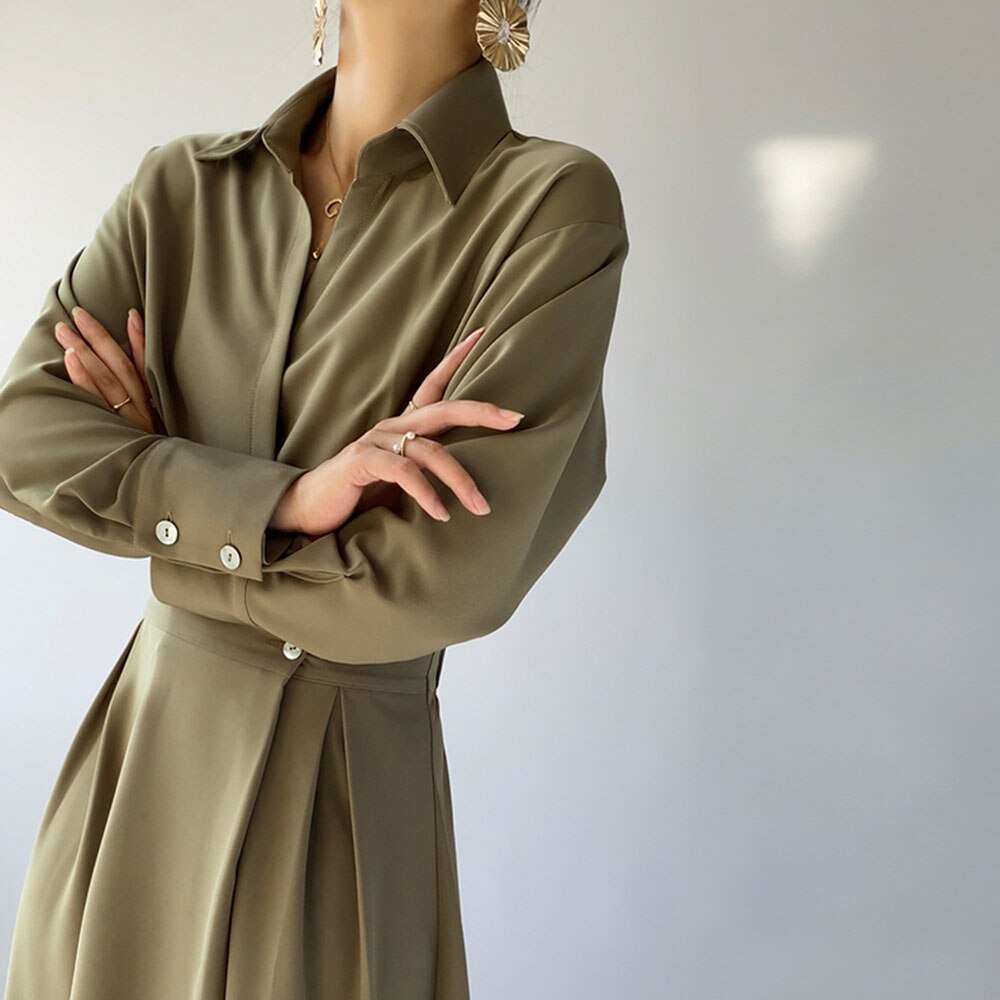 Women's French Long Sleeve A-line Fashion Lapel New Style Slim Dress Chic Elegant Commuter High Fashion Women's Commuter Daily