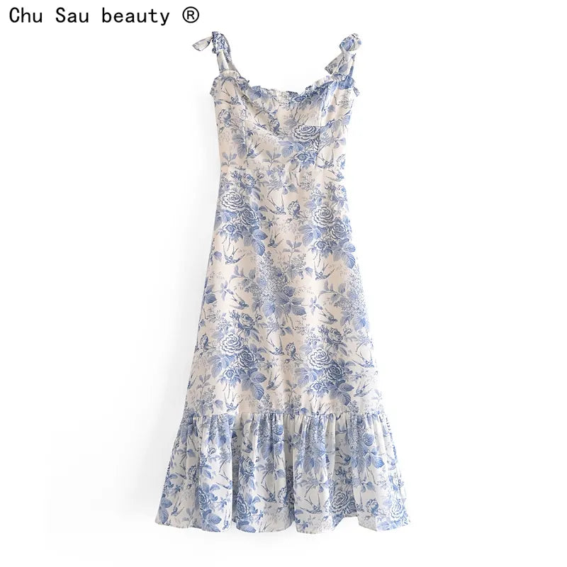 2022 Summer New Lace Up Bowknot Strap High Waist French Vintage Printed Ruffle Dress Female Fashion Midi Dresses Women