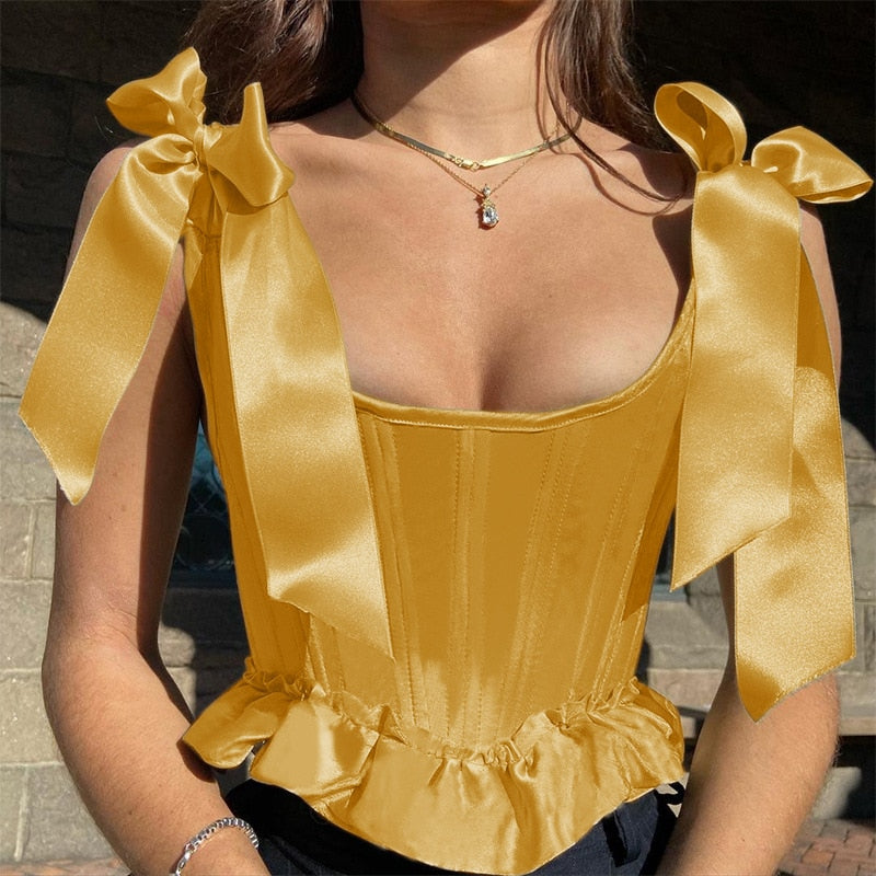 maoxiangshop Sexy Women Tube Tops Cropped Sexy Tank Cute Solid Color Bow Tie Strap Sleeveless Criss Cross Lace-Up Corset Vest