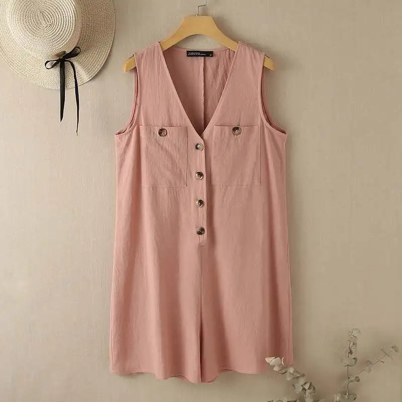 maoxiangshop Summer Jumpsuits Women V Neck Sleeveless Rompers Stylish Short Playsuits Casual Solid Loose Beach Overalls Oversized