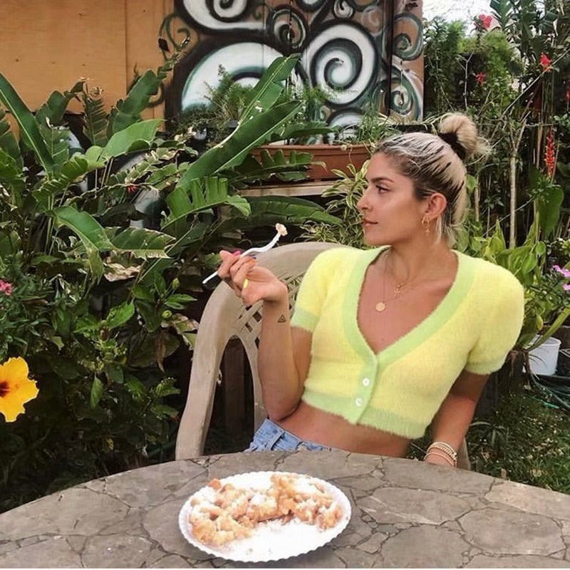 maoxiangshopSummer Knitted Short Sleeve T-shirt Button Up V-neck Crop Top Fashion Clothing Women Streetwear Contrast Color Tops Tee