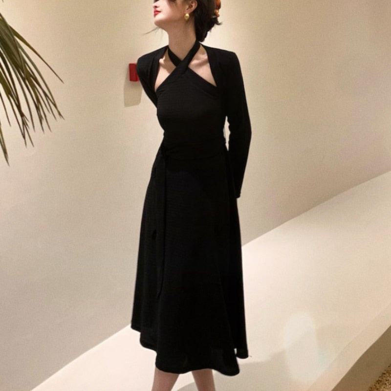 maoxiangshop Autumn Korea Elegant Dress Set Women Slim Retro Casual Party Vintage 2 Piece Suit France One-piece Dress + Long Sleeve Top
