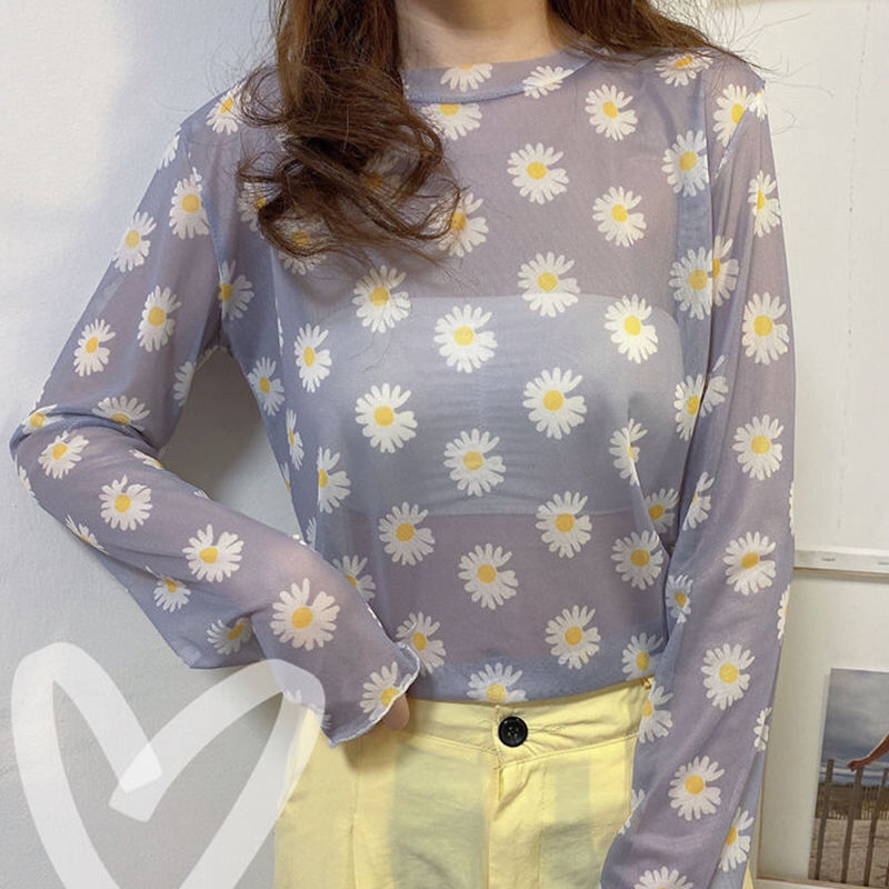 maoxiangshop Angel Print Sheer Blue Black Mesh Long Sleeve Blouse Shirts Women Spring Summer Pullovers Elegant Sexy See Through Tops