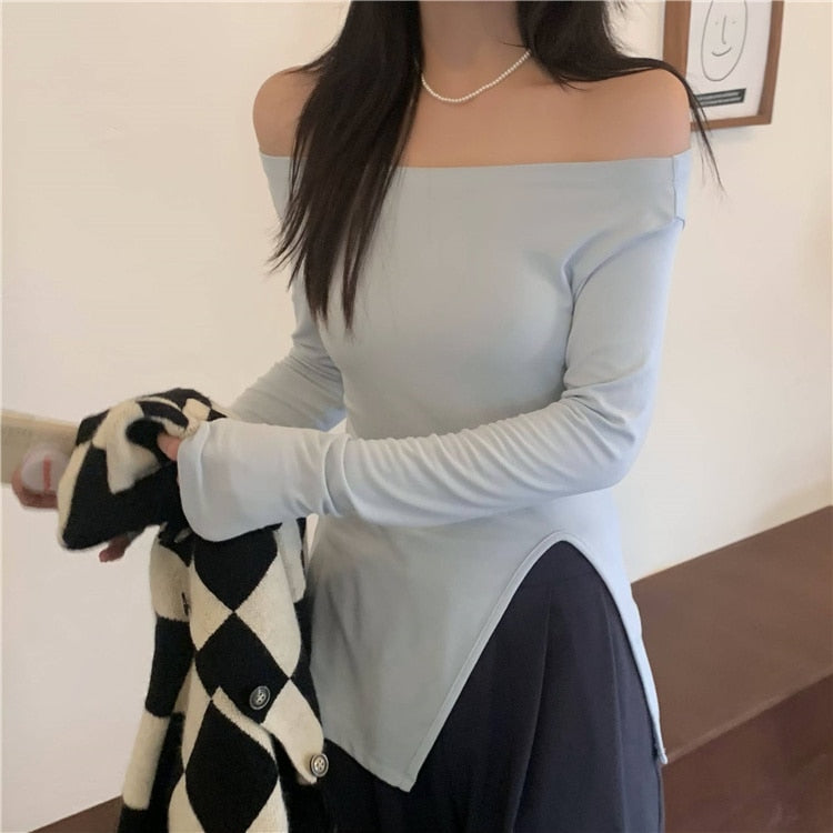 maoxiangshop New Women's Slim Off-shoulder Full Sleeve T-shirts Girls Solid Stretchy Irregular Split Tshirt Tops Slash Neck Tees