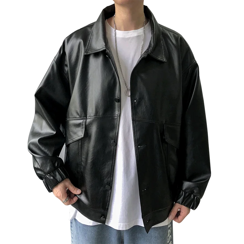 maoxiangshop Spring New Loose Soft Leather Jacket Single Breasted Jacket Men Casual Biker Jacket Men Jacket Leather Large Size XXL