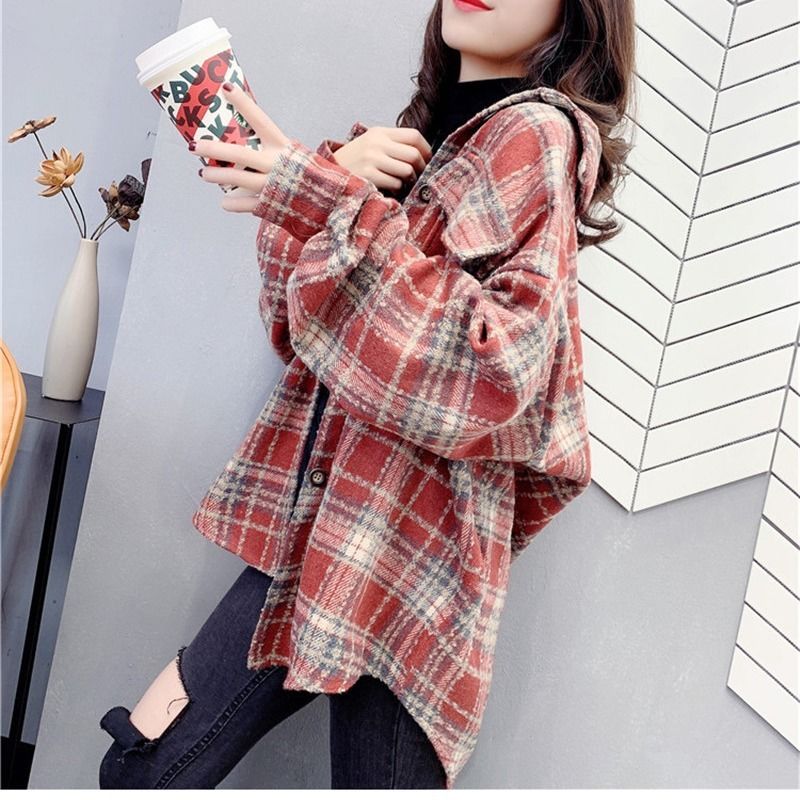 maoxiangshop Female Autumn Street Blouse Shirts Vintage Oversized Plaid Flannel Boyfriend Tunic Shirt for Women Casual Korean Tops
