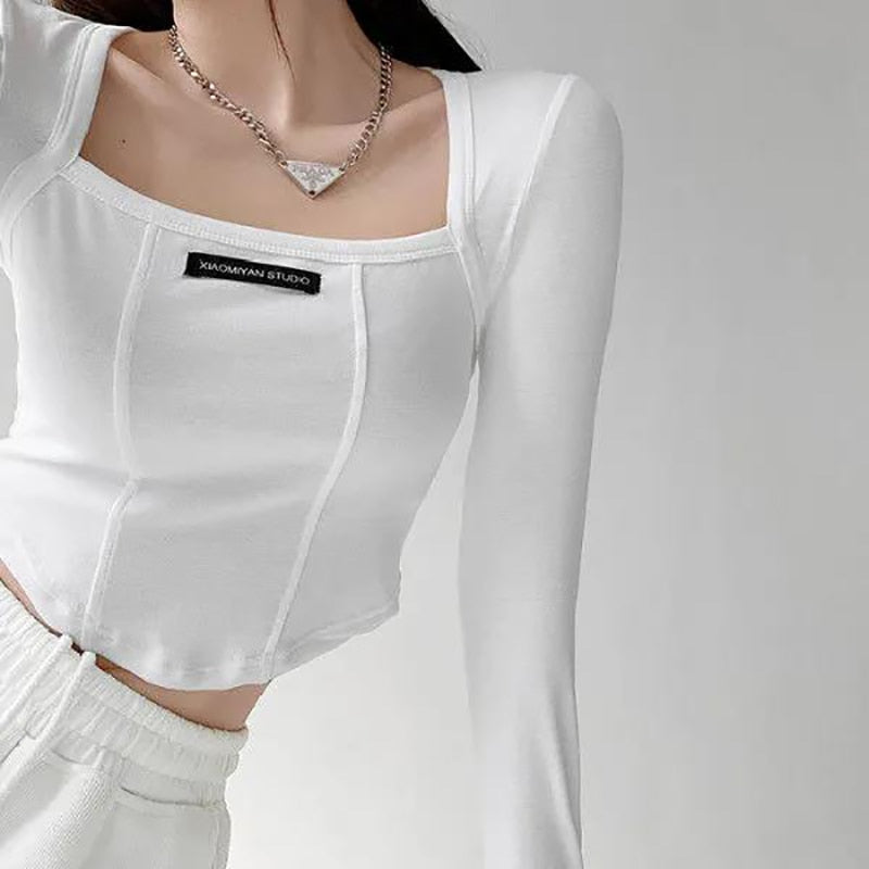 maoxiangshop American Style Brown Cropped Top Women Fashion Skinny Sexy Long Sleeve T Shirts Female Casual Square Neck Tees