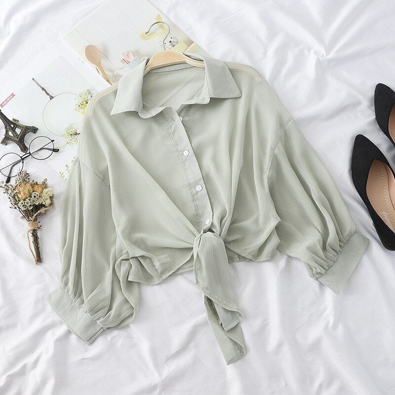 maoxiangshop Chiffon Shirts Women Summer Half Sleeve Buttoned Up Shirt Loose Casual Blouse Tied Waist Elegant Blouses For Women