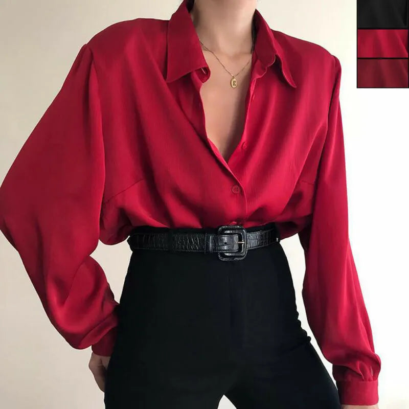 maoxiangshopWomen Button Blouses Turn Down Collar Shirts Office Lady Long Sleeve Casual Blouse Loose OL Shirt Baggy Tops Red/Wine Red /Black