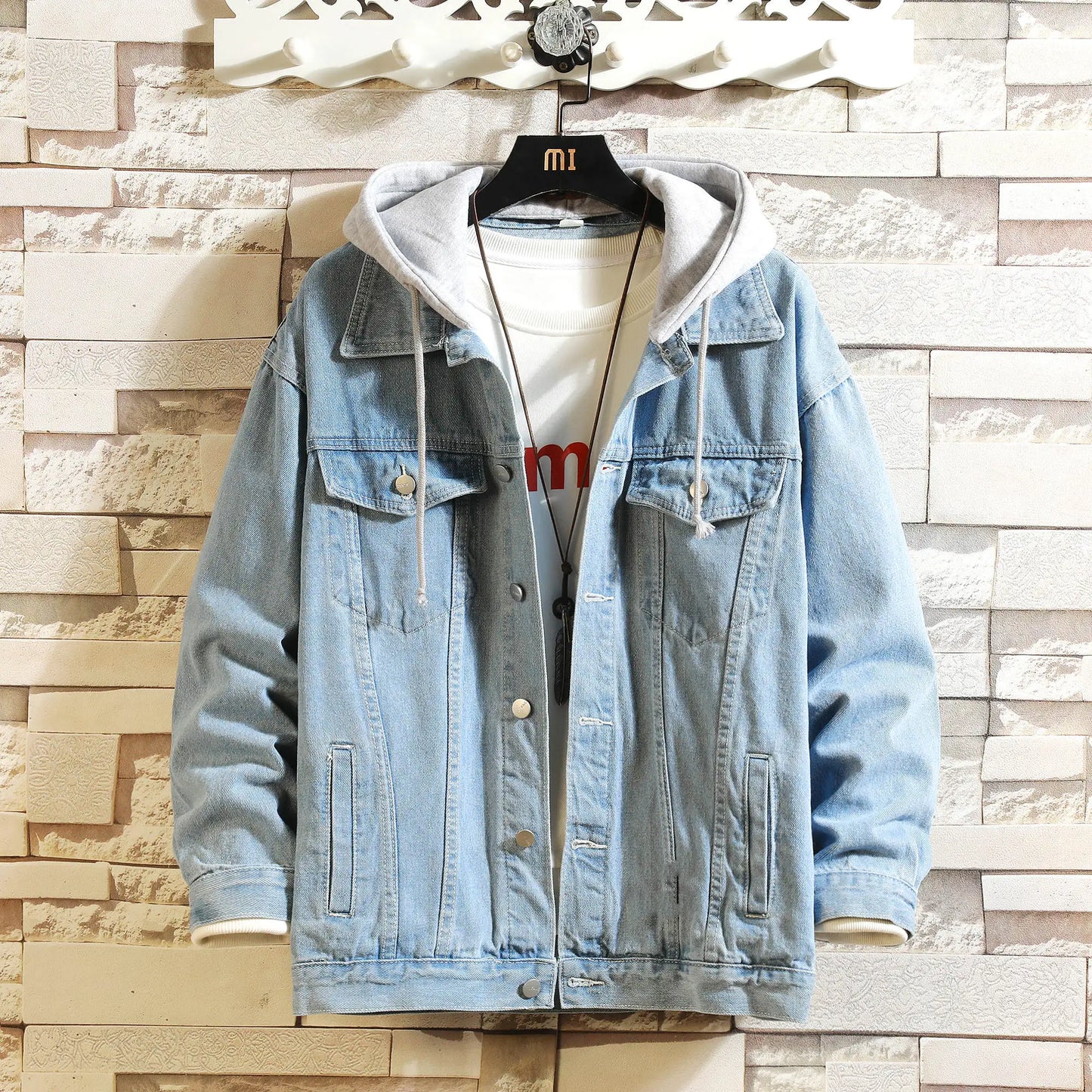 maoxiangshop Denim Jacket Men Hooded Casual Men Jean Jackets Streetwear Solid Color Turn Down Collar Denim Coats Men Jacktes Hat Detachable