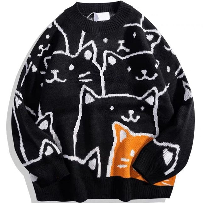maoxiangshop Japanese Harajuku Vintage Sweater Men Autumn Winter New Cartoon Loose Knitted Sweater Hip Hop Streetwear Knitwear Pullovers