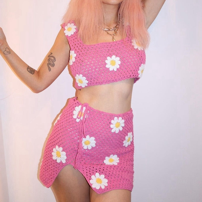 maoxiangshopSummer Knitted Suit Floral Crochet Crop Cami Top and High Waist Split Skirt Beach Vacation Y2K Two Piece Set Women Outfits