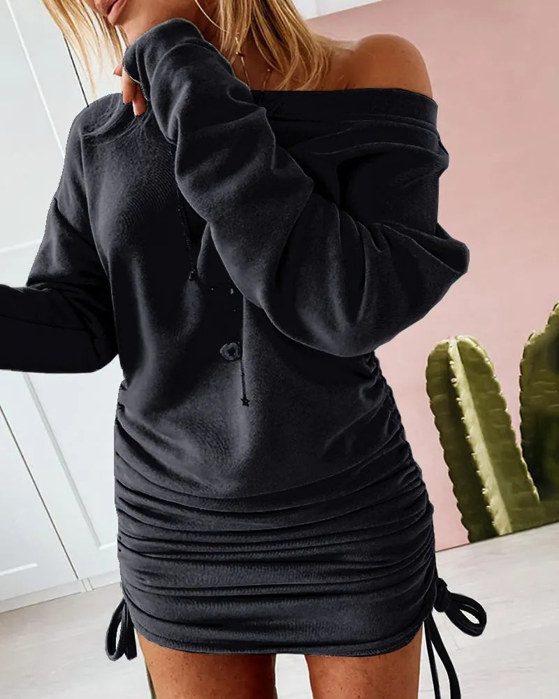 maoxiangshop New Dresses Women Mini Dress Ladies Casual Women's Dress Sexy Drawstring Pleated Long Sleeve Party Dress Sukienka