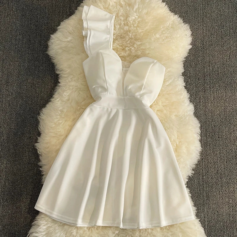 maoxiangshop Women Black White Ruffled One Shoulder Sleeveless Mini Dress Strapless Mesh Patchwork High Waist A-line Party Dress Vestidos