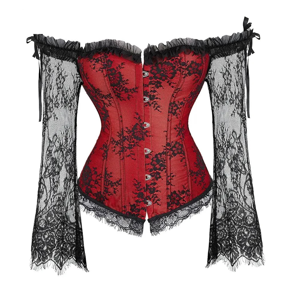 maoxiangshop Corset Top Bustier Lingerie Women with Long Sleeves Renaissance Plus Size Lace Floral Sexy Costumes Burlesque Red Black