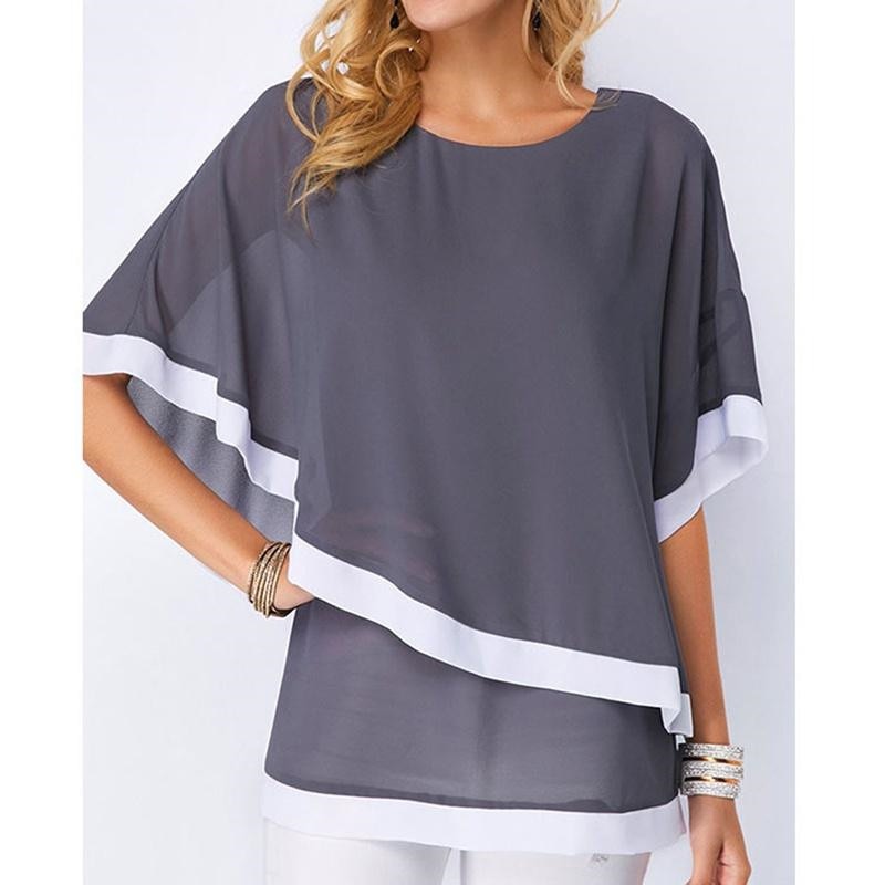 maoxiangshop Blouses For WomenNew Patchwork Double Layer Tops Casual Batwing Tunic Autumn New Chiffon Shirts