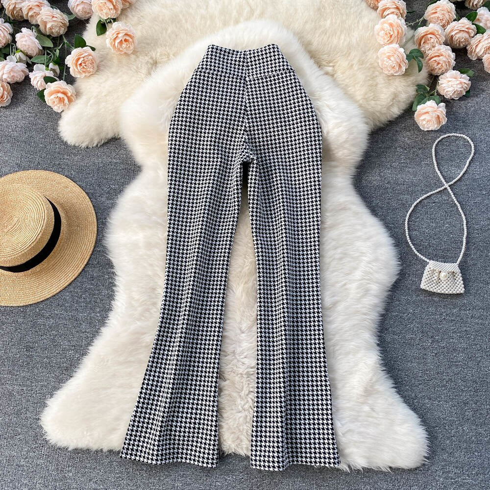 maoxiangshop Houndstooth Print Long Pants High Waist Vintage Long Trousers Women New Spring Autumn Slim Split Hem Casual Female Patns