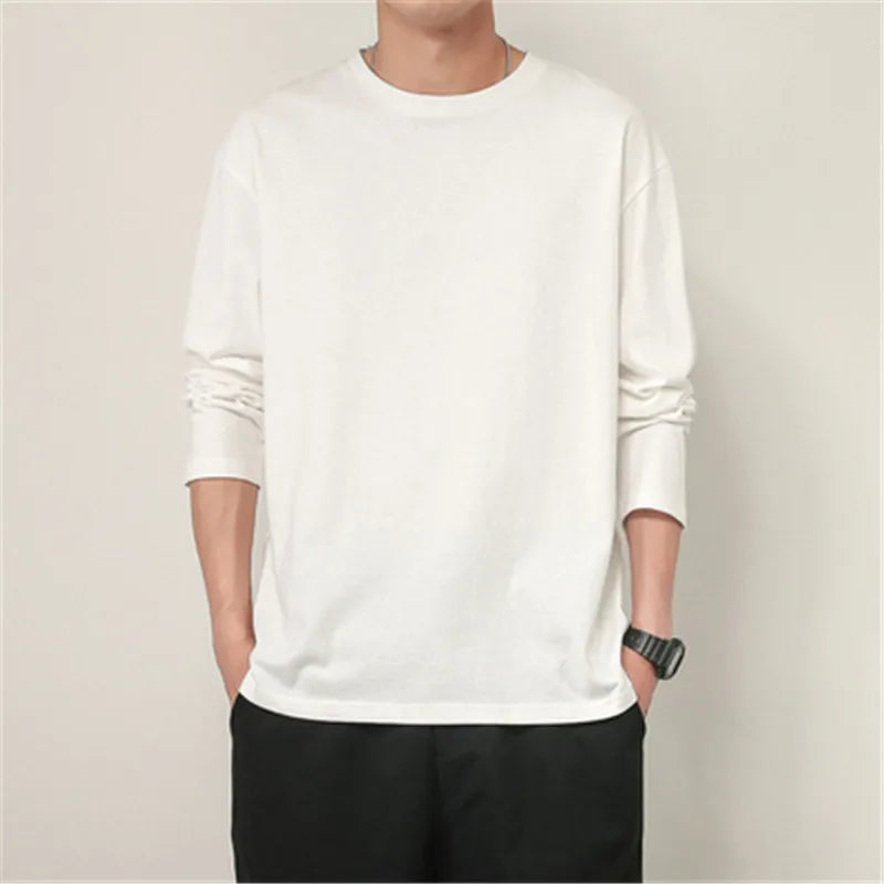 maoxiangshop 100% Cotton T Shirt Men Solid Color Long Sleeves O Neck Mens Tshirt Casual Streetwear Man Pullover Tops Tees Plus Size 5Xl