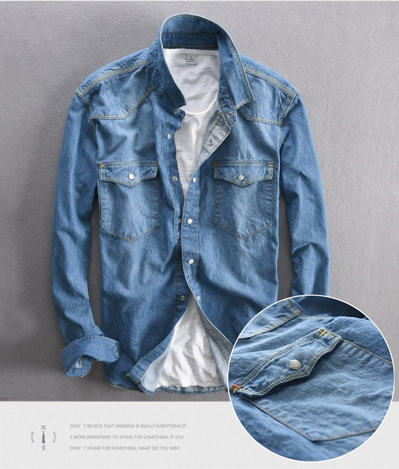 maoxiangshop Men's long-sleeved solid denim shirt fashion brand Classic retro denim Pocket decoration Business shirt Spring and Autumn Tops