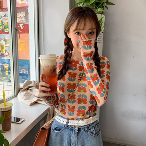 maoxiangshop Angel Print Sheer Blue Black Mesh Long Sleeve Blouse Shirts Women Spring Summer Pullovers Elegant Sexy See Through Tops
