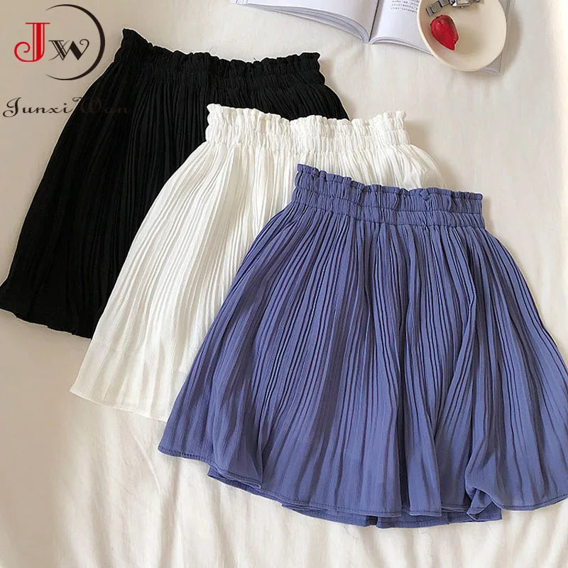 maoxiangshop Solid Chiffon Summer Shorts Skirt Women Fashion Elastic Waist Pleated Mini Skirt Casual Beach Faldas Saias