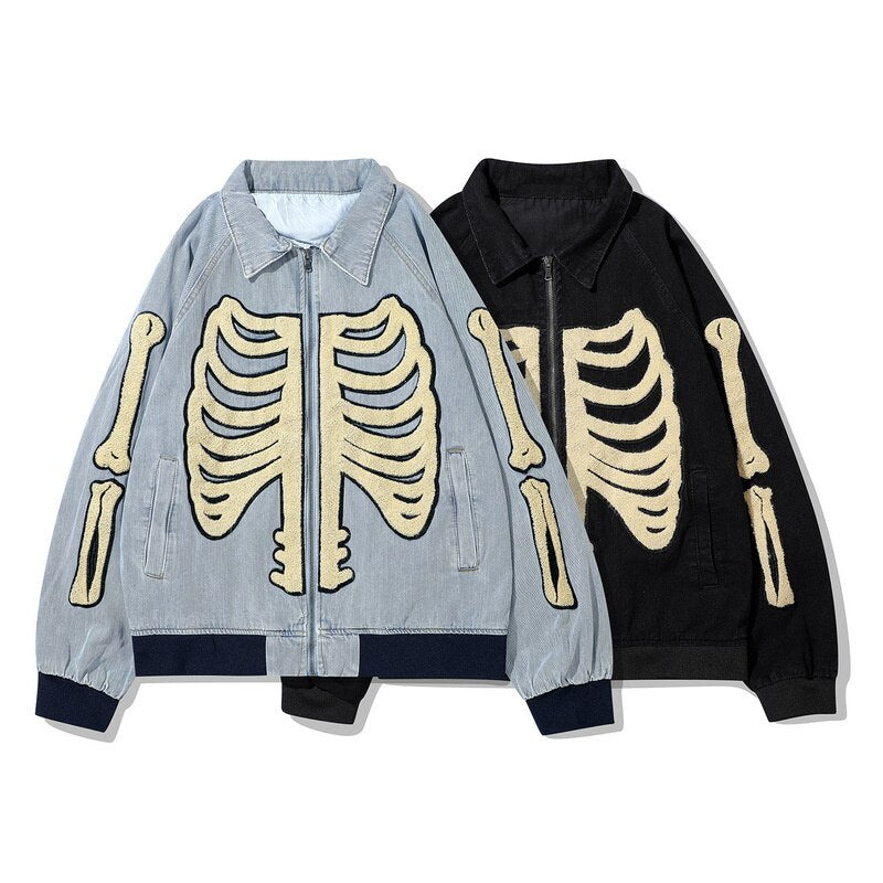 maoxiangshop Street Hip Hop Denim Jacket For Men Autumn Bone Embroidery Long Sleeve Zipper Loose Baseball Jackets Men's Denim Jackets
