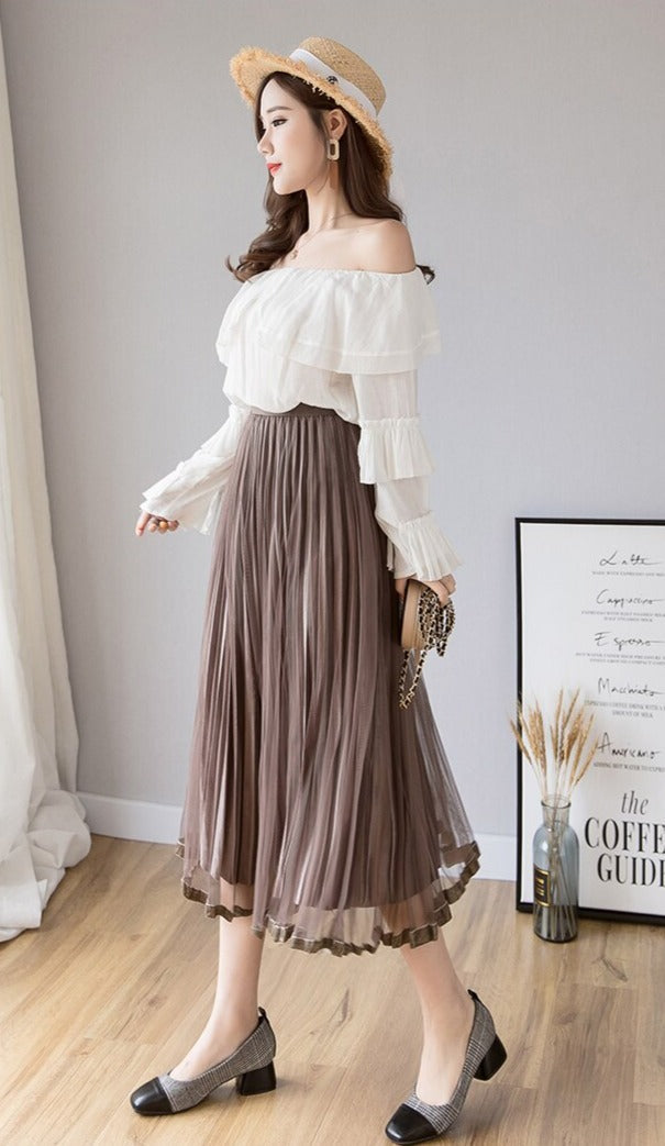 maoxiangshop Mesh Skirt Autumn Winter Velvet Solid Color Elastic Waist Slim Pleated Skirts Womens Chic High Waist Women Skir