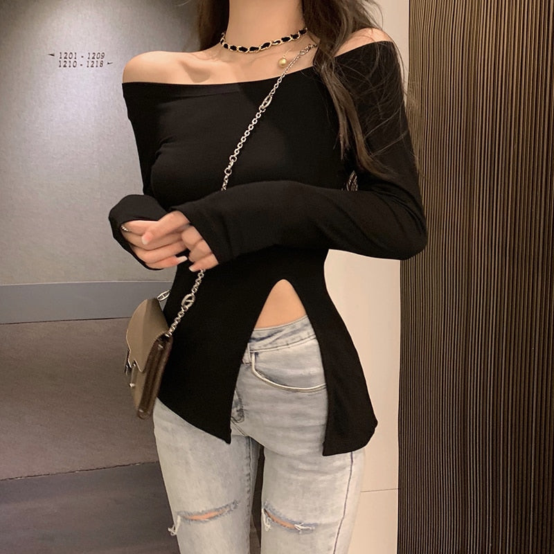 maoxiangshop New Women's Slim Off-shoulder Full Sleeve T-shirts Girls Solid Stretchy Irregular Split Tshirt Tops Slash Neck Tees