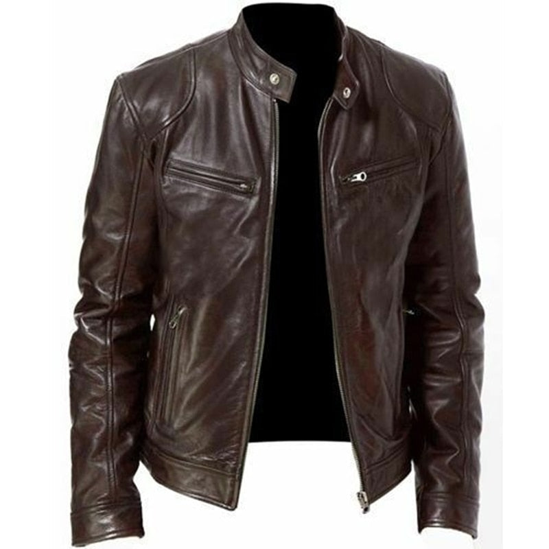 maoxiangshop Autumn Male Leather JacketNew Black Brown Mens Stand Collar Coats Leather Biker Jackets Motorcycle Leather Jacket